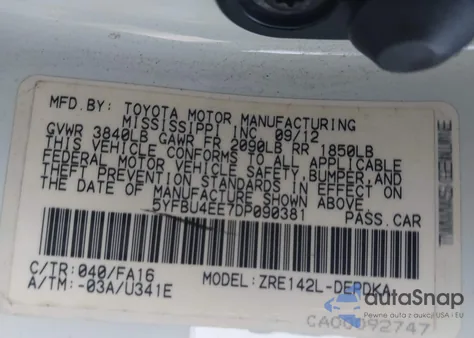 2013 Toyota Corolla L from USA, damaged, VIN 5YFBU4EE7DP090381